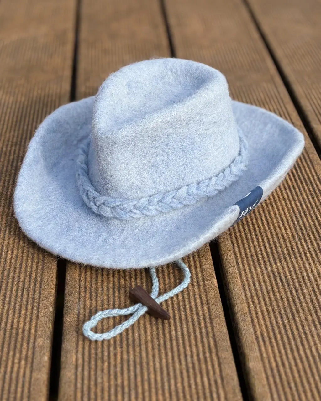 blue wool felt cowboy sauna hat, three-quarter view