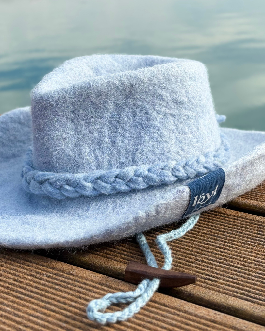 blue wool felt cowboy sauna hat, three-quarter view