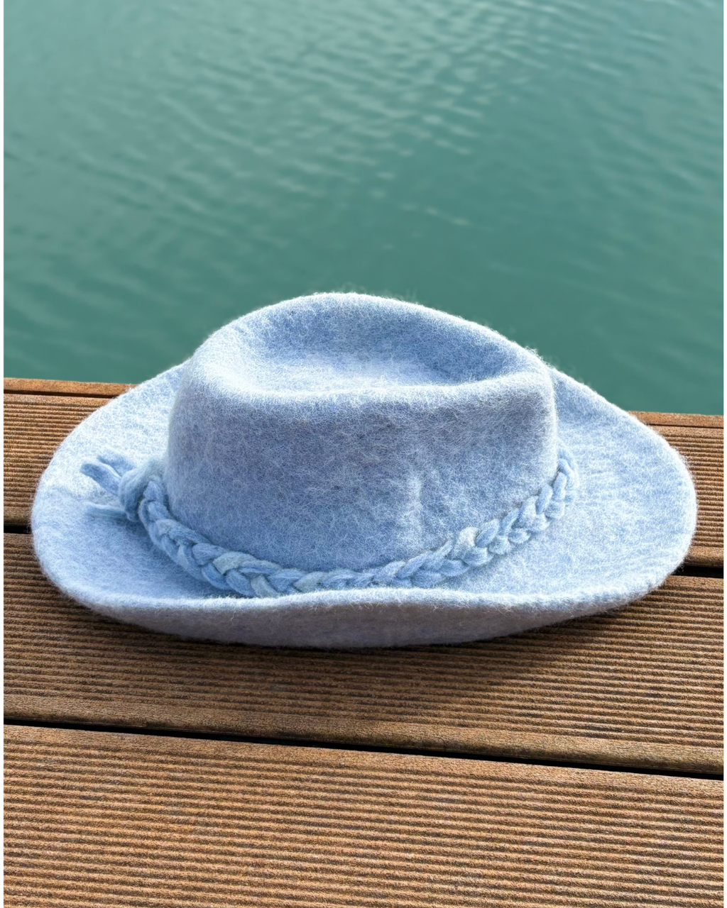 blue cowboy sauna hat from the right