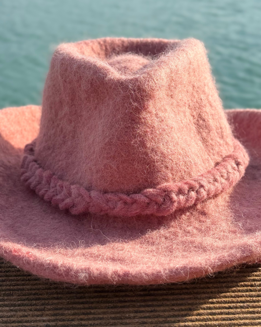 pink wool sauna hat from the front