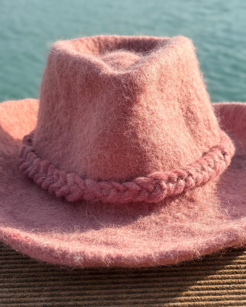 pink wool sauna hat from the front